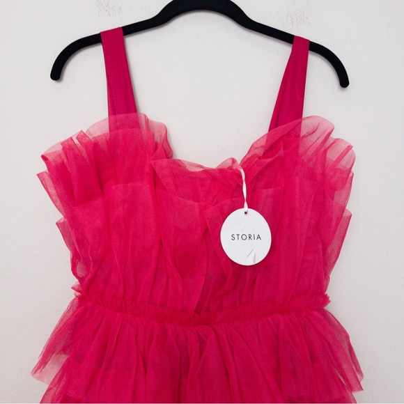 NWT Storia Tulle Tiered Mini Dress M Pink Babydoll Ruffle - Picture 4 of 10